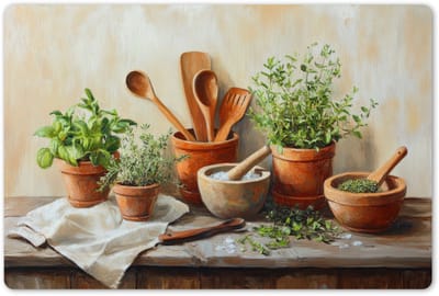 Placemats 45x30 cm - Placemat kunststof - 1 stuk - Potten - Kruiden - Hout - Borden onderleggers - Decoratie voor op tafel - Keuken tafeldecoratie accessoires - Vinyl onderlegger - Tafelversiering
