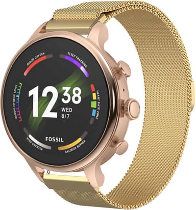 Strap-it Milanees RVS bandje - geschikt voor Fossil Gen 5e - 42mm / Gen 6 - 42mm dames modellen - Huawei Watch GT 4 / 5 - 41mm / GT 5 Pro - 42mm - Withings ScanWatch 2 - 38mm / ScanWatch Light / Steel HR - 36mm - Goud