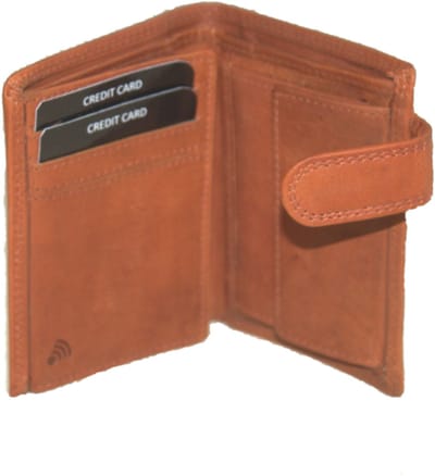 Oi retro oranje- cognackleurige leren herenportemonnee / kleine hoog model billfold met lip om af te sluiten / herenbeursje voor veel pasjes / RFID SAFE / retro camel kleurig leer / 562Orange NR