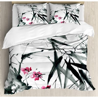 Japanse Dekbedovertrek Set, Tak van een Bloeiende Sakura Boom Bloem Kersenbloesems Lente Thema Kunst Japan Beddengoed Set Volledige Maat AU Single(140x210cm)