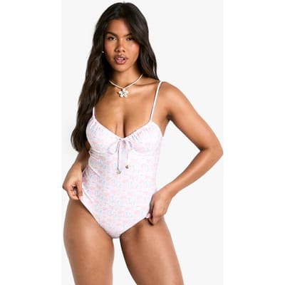 boohoo Dames Shell Print Pearl Trim Underwire Zwempak | Cream | Maat: 6
