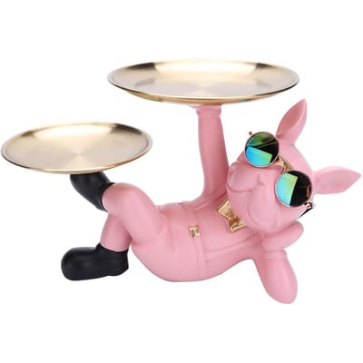 Franse Bulldog Sculptuur Hond Standbeeld met Dienblad en Sleutelhouder Opbergruimte Cadeau Huisdecoratie Ornamenten Rood Decor Dierenbeeldje roze