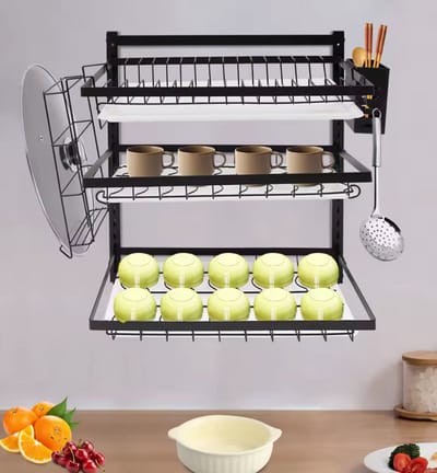 Keukenrek Wandmodel - Vaatwasrek met 3 Etages - Afdruiprek Zwart - Inclusief Bestekbak, Messenhouder & Snijplankhouder - RVS - 50.5 x 42 cm