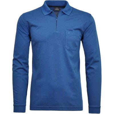Ragman Zipper Softknit Polo Longsleeve Breast Pocket Blauw Melange / male