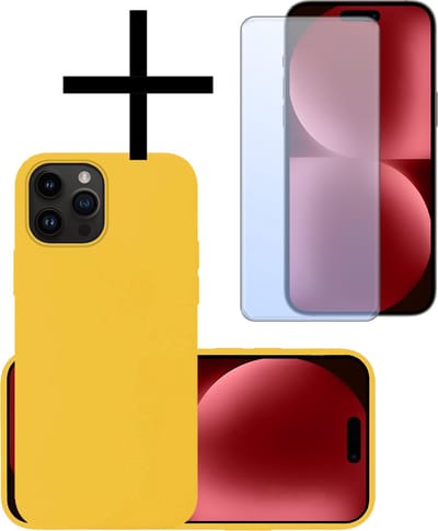 Hoesje - Met Screenprotector - Geschikt voor Apple iPhone 15 Pro - Sterk & Shockproof - Back Cover - Siliconen Case - Telefoon Hoes - Geel