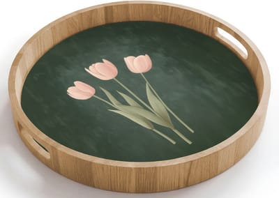 Dienblad rond 40x40 cm - Schootdienblad hout - Tulpen - Liefde - Donkergroen - Borrelplank rechthoek - Plateau houten dienbladen