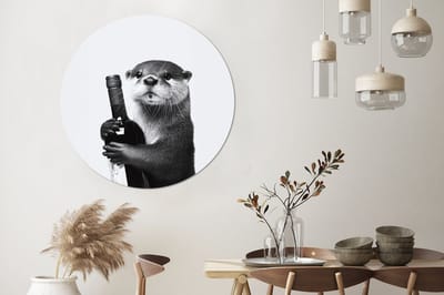 WallCircle - Wandcirkel - Muurcirkel - Wijnfles - Otter - Zwart - Aluminium - Dibond - 120x120 cm - Binnen en Buiten XXL