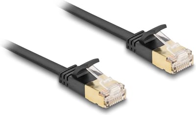 Delock RJ45 Network Cable Cat.6A plug to plug with robust latch and Cat.7 raw flat cable U/FTP 5 m black