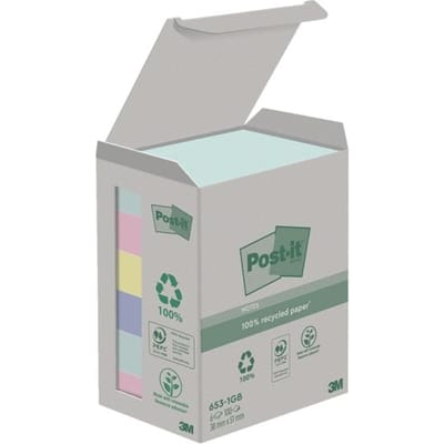 Post-it recycled notes Nature | 100 vel | ft 38 x 51 mm | pak van 6 blokken | geassorteerde kleuren