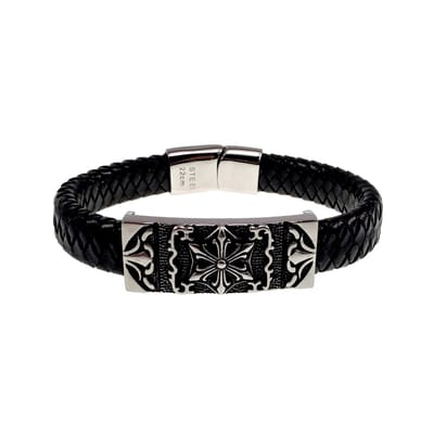 Brede Armband, Armband van Gevlochten Zwarte Leer met Tribale RVS Plaat, Magnetische Sluiting – Heren