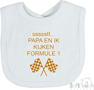 Soft Touch Slabber Slabbetje Slab "Papa en ik kijken Formule 1" Formule 1 33 x 22 Cm Katoen Wit/tan