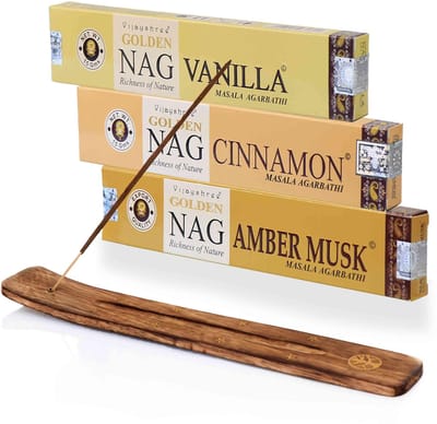 Dailygoods- Wierookstokjes Set - Golden Nag Vanilla/Cinnamon/Amber Musk - Houten Houder - Masala Wierook - Decoratief - Handgemaakt