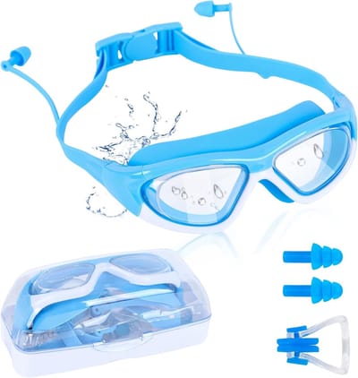 uniseks, anti-condens, zwembril voor kinderen, duikbril met oordopjes, neusclip, uv-bescherming, brede kinderbril voor kinderen, jongens, meisjes (blauw)