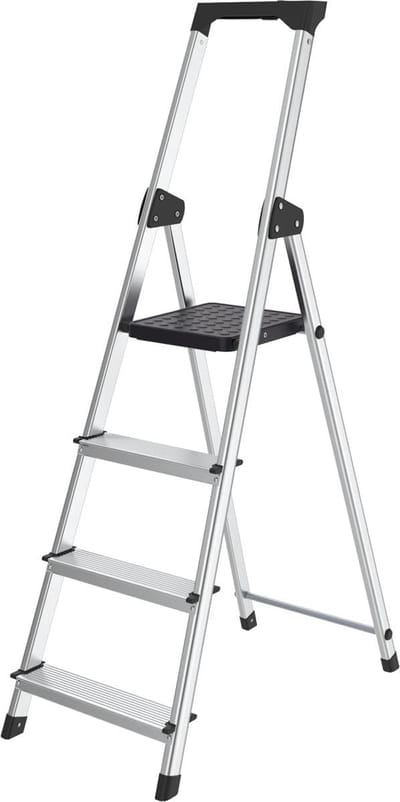 Huishoudtrap 4 Treden - Keuken trap - Veilig Klussen - Inklapbaar Aluminium - 150 kg Draaglast - Zilver Zwart