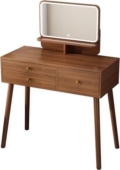 Houten Kaptafel - Make-up Tafel - Slaapkamer Inrichting - Verstelbaar LED Licht - 80cm Breed - Walnoot