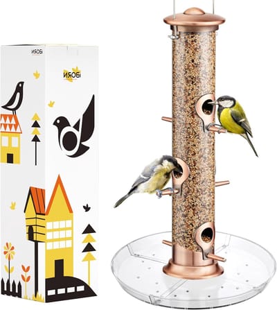 Buitenvoederhuis voor vogels, 6-poorts vogelvoederstation van aluminium, ideaal voor kardinalen en andere tuinvogels, 35 cm, met een stijlvolle geborstelde koperen afwerking