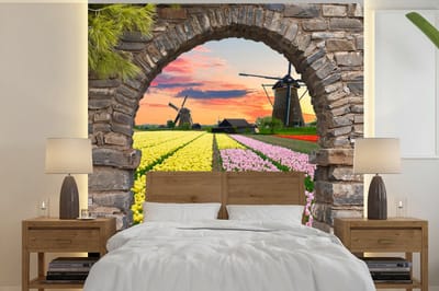 Behang - Fotobehang Tulpen - Bloemen - Molen - Doorkijk - Breedte 240 cm x hoogte 240 cm