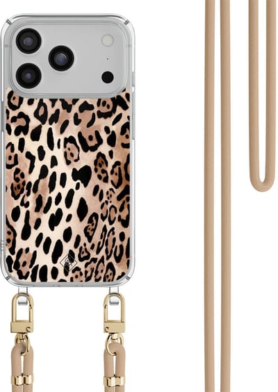 Casimoda® hoesje met beige koord - Geschikt voor iPhone 17 Pro - Luipaard print bruin - Afneembaar koord - TPU/polycarbonaat - Bruin/beige