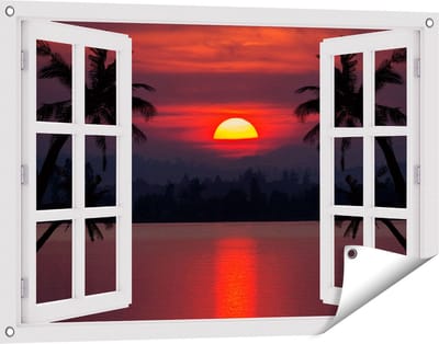 Gards Tuinposter Doorkijk Zonsondergang op het Strand met Palmbomen - 90x60 cm - Tuindoek - Tuindecoratie - Wanddecoratie buiten - Tuinschilderij