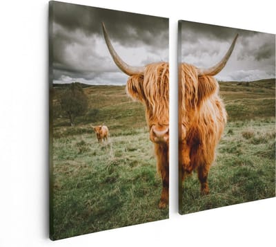 Artaza Canvas Schilderij Tweeluik Schotse Hooglanders In De Wei - Kleur - 80x60 cm - Wanddecoratie Woonkamer - Schilderijen - Muurdecoratie