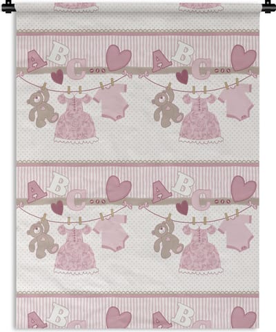 Wandkleed - Wanddoek - Baby kleren - Meisje - Knuffelbeer - Waslijn - Design - 150x200 cm - Wandtapijt