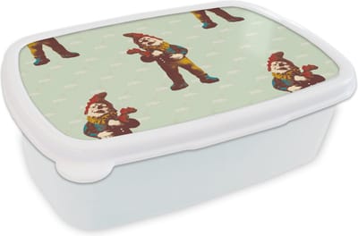 Broodtrommel Wit - Lunchbox - Brooddoos - Kabouter - Patronen - Tuin - 18x12x6 cm - Volwassenen