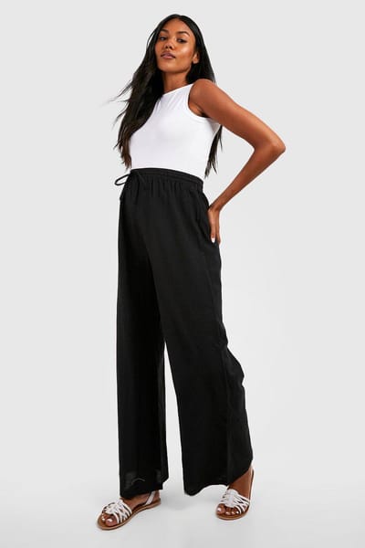 boohoo Dames Zwangerschapsbroek in linnen-look met trekkoord en wijde pijpen | Zwart | Maat: 40