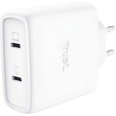 Trust Maxo GaN - 65W USB-C Oplader - Ook voor 45W Laptops - 2 Poorten - Laad laptop en smartphone tegelijk - 2m Kabel - Wit