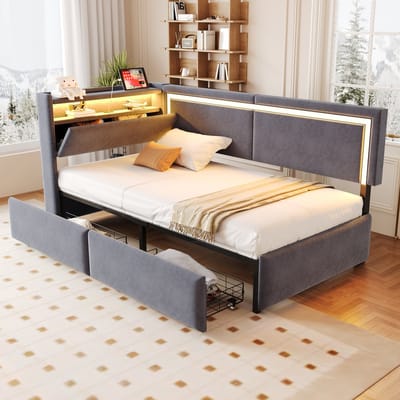 DESMIU Gestoffeerde Bedbank 90x200cm – Bed met Opbergvak en Laden – Met LED en USB Oplaadpunten – Voor Slaapkamer en Logeerkamer – Samtlook – Grijs – Zonder matras