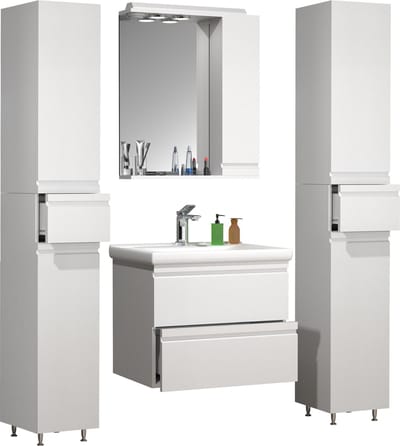 5-delig badmeubel Wastafel 60 cm Badkamermeubelset Wastafel Greeploze lade Spiegelkast Hoge kast Silora L