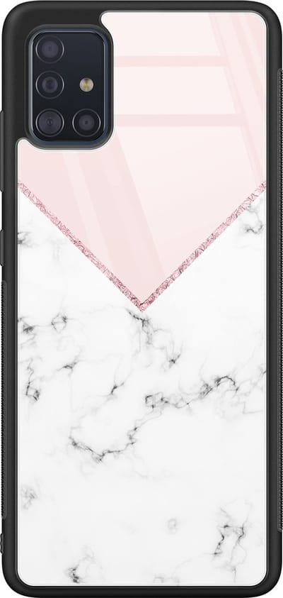 Hoesje geschikt voor Samsung Galaxy A51 - Marmer roze grijs - Luxe Glazen Hardcase - Marmer - Roze