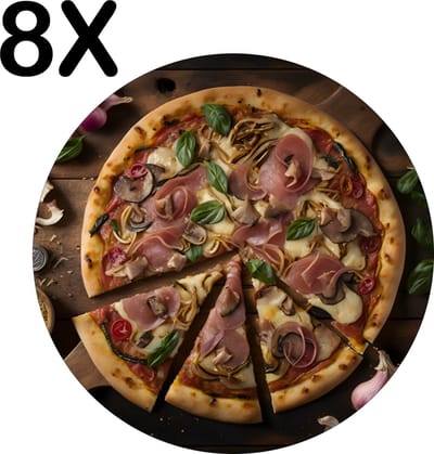 Luxe Ronde Placemat - Heerlijke Traditionele Pizza met Knoflook en Ui - Set van 8 Placemats - 50x50 cm - 2 mm dik Vinyl - Anti Slip - Afneembaar