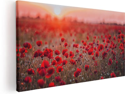 Artaza Canvas Schilderij Klaprozen - 40x20 cm - Klein - Wanddecoratie Bloemen - Muurdecoratie Zonsondergang - Decoratie Veld