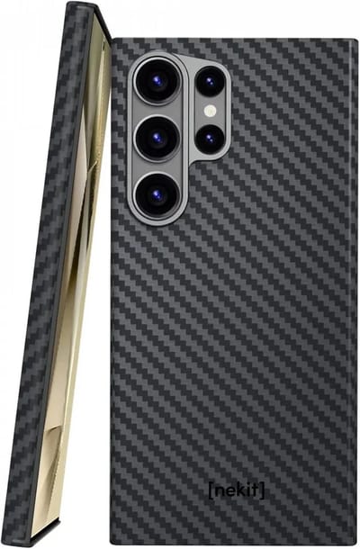 NEKIT Fiber Hoesje Geschikt voor Samsung Galaxy S24 Ultra - Compatibel met MagSafe - Kevlar Aramidevezels 1500D - Back Cover Ultra Dun - Grijs/Zwart