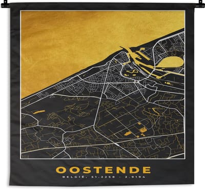 Wandkleed - Wanddoek - Stadskaart - Oostende - Plattegrond - Goud - Kaart - 180x180 cm - Wandtapijt