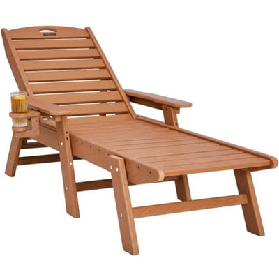 VEVOR ligstoel, draagvermogen 181 kg, HDPE tuinligstoel, strandligstoel met 6-voudig verstelbare rugleuning, armleuning, bekerhouder, balkonligstoel, terrasligstoel voor zwembad, terras, patio, gazon, bruin