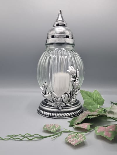 Herdenkingslicht - R492g-sr - Zilver - Bloemen - Grafkaars – Graflicht – Graflantaarn – Grafdecoratie - Windlicht