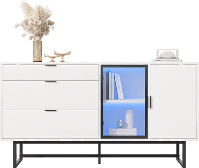 Dressoir - Met Glazen Deuren En 3 Laden LED Verlichting - Opbergkast - Hout - Wit