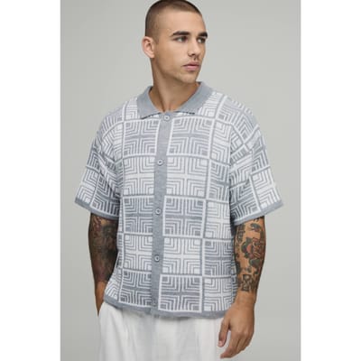 Boxy Fit Square Tapestry Button Up Knitted Shirt | Grey | Size Small