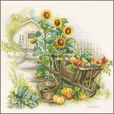 Lanarte Borduurpakket - Borduurset - Borduurpakket volwassenen - Telpakket kit - 43 x 37cm - Kruiwagen en zonnebloemen - PN-0007988