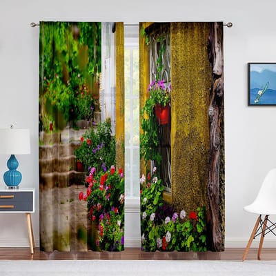 Rode Bloemen op Landelijk Houten Raam Tule Gordijnen voor Woonkamer Transparant Voile Gordijn Slaapkamer Decoratie Keuken Raambekleding 1 PCS W100XH250cm&Grommet Top