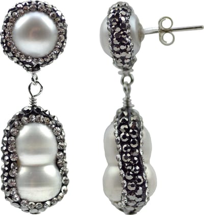 Zoetwater parel oorbellen Double Bling Peanut Pearl - oorstekers - echte parels - sterling zilver (925) - wit - stras steentjes - zwart - parel oorbellen dames - parel oorknopjes