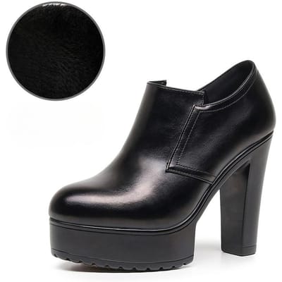 12cm Kleine Maat 32-43 Diepe Mond Zacht Leren Schoenen Platform Pumps Herfst Winter Blok Hoge Hakken Schoenen met Bont Kantoor Model 42 black