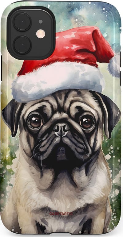 Casetastic hoesje geschikt voor Apple iPhone 11 - Dubbellaagse bescherming - Aquarel Kerstmis Pug Hond - Fashion Case - Grijs Taupe Donkergrijs Saliegroen
