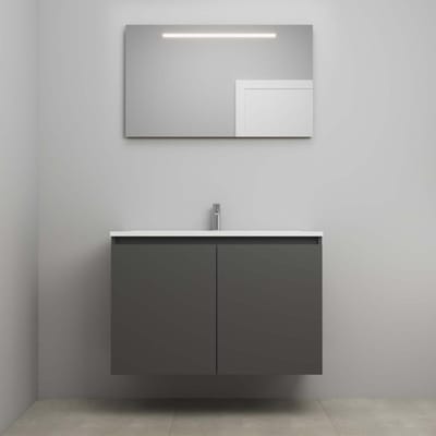 On-Line Badkamermeubelset - 100 cm - Bouwpakket - Greeploos 2 Deuren - Acryl Wastafel - 1 Kraangat - Spiegel met LED-Verlichting - Mat Antraciet