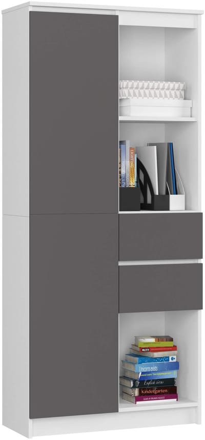 Kantoorkast R15 R80 met 2 Lades en 1 Deur / AKORD Furniture Factory / Wit - Grafietgrijs / 80 x 180 x 35 cm