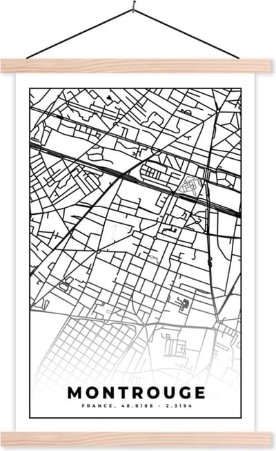 Posterhanger incl. Poster 40x60 cm - Schoolplaat - Stadskaart – Plattegrond – Montrouge - Kaart – Frankrijk - Zwart wit - Textielposter - Blanke latten - Stadskaart