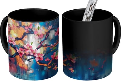 Magische Mok - Foto op Warmte Mokken - Koffiemok - Bloemen - Tak - Artistiek - Roze - Magic Mok - Beker - 350 ML - Theemok