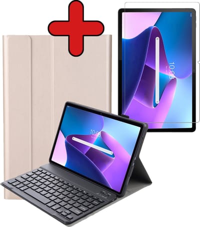 Hoes - Geschikt voor Lenovo Tab M10 Plus (3e / 3rd Generatie) - Met Screenprotector - Toetsenbord Case - Keyboard Book Cover - Hoesje - Goud