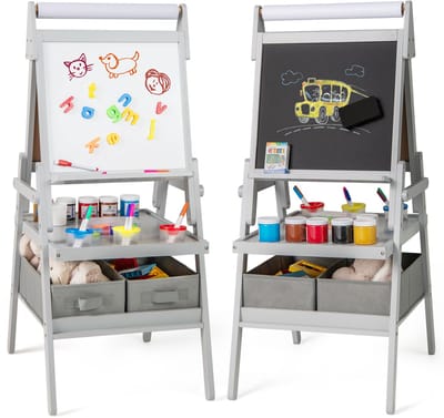 COSTWAY 3-in-1 schoolbord voor kinderen, dubbelzijdig kinderbord met papierrol, magnetisch krijtbord en whiteboard, incl. 3 gekleurde bekers en 2 dozen, schildersezel voor kinderen vanaf 3 jaar